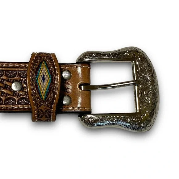 Nocona Mens Western Brown Leather Embossed Braided Belt Size 42 Conchos Inlay
